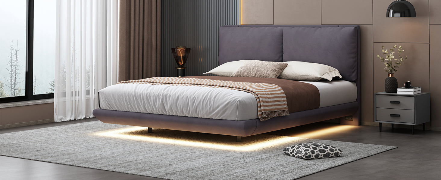 Queen Size Upholstered Platform Bed With Sensor Light And 2 Large Backrests, Stylish Platform Bed With 2 Sets Of Usb Port And Socket On Each Rear Bed Leg, Gray Gray Velvet
