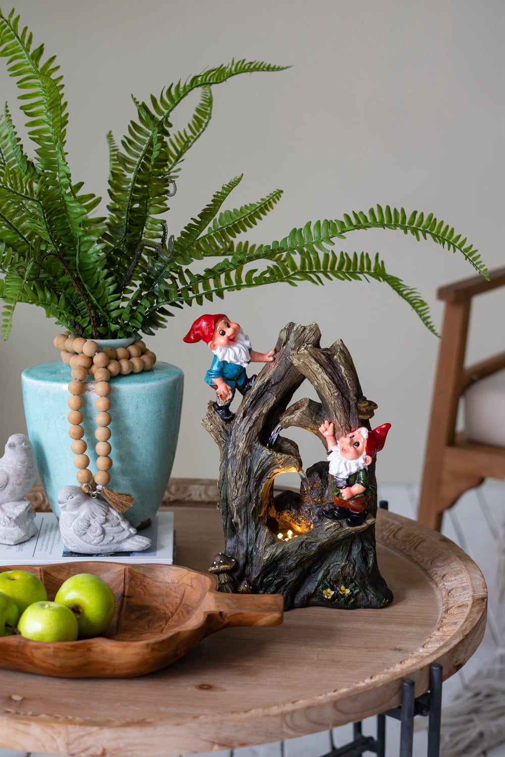 8.3X4.7X13.8" Decorative Woodland Gnome Water Fountain With Led Light, Brown Brown Primary Living Space Art Deco,Rustic,Traditional Polyresin