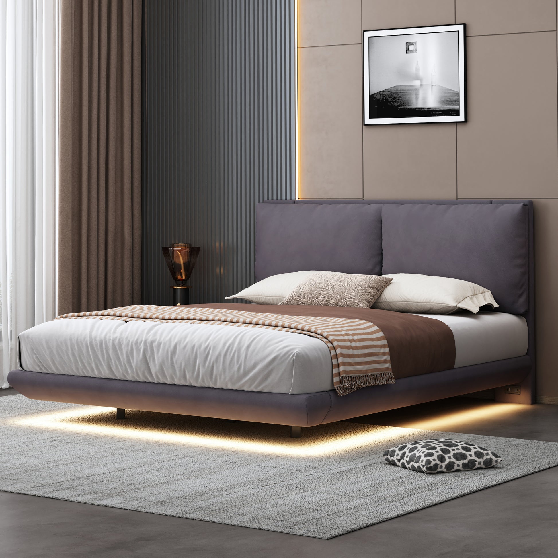 Queen Size Upholstered Platform Bed With Sensor Light And 2 Large Backrests, Stylish Platform Bed With 2 Sets Of Usb Port And Socket On Each Rear Bed Leg, Gray Gray Velvet