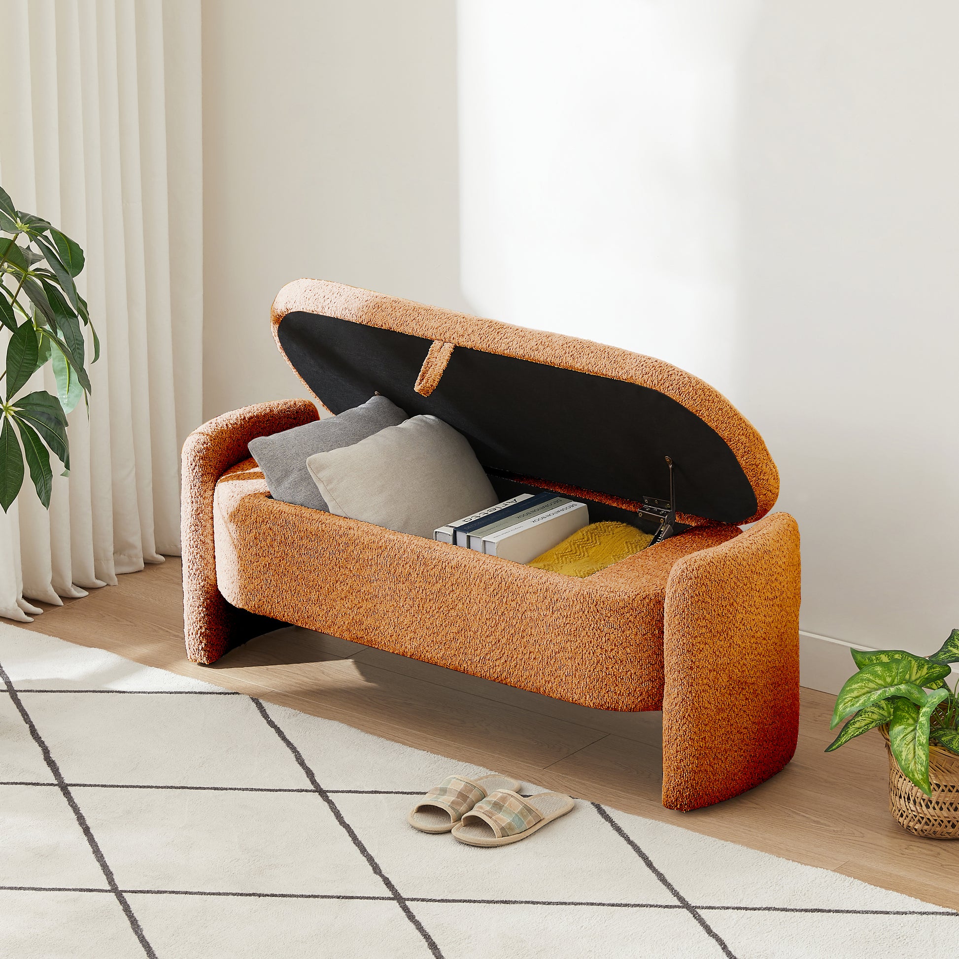 Ottoman Oval Storage Bench 3D Lamb Fleece Fabric Bench With Large Storage Space For The Living Room, Entryway And Bedroom,Brown Orange Dark Brown Polyester