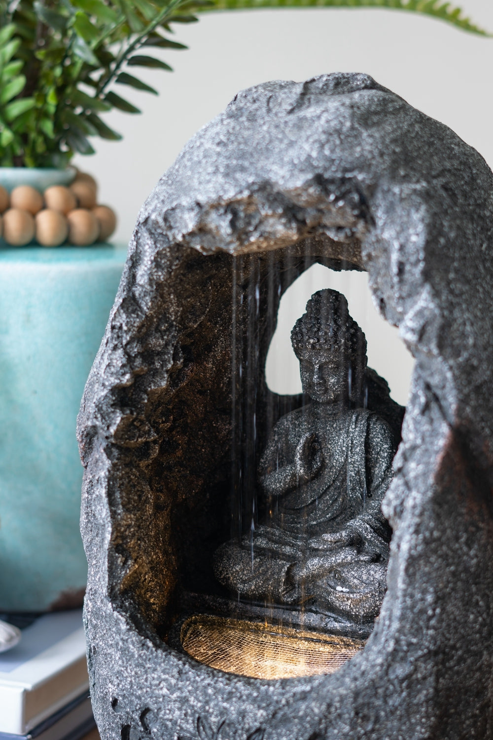 8.3X5.9X13.6" Decorative Gray Tabletop Water Fountain With Sitting Buddha And Led Light, For Indoor Outdoor Gray Primary Living Space Chinese,Coastal,Transitional Polyresin