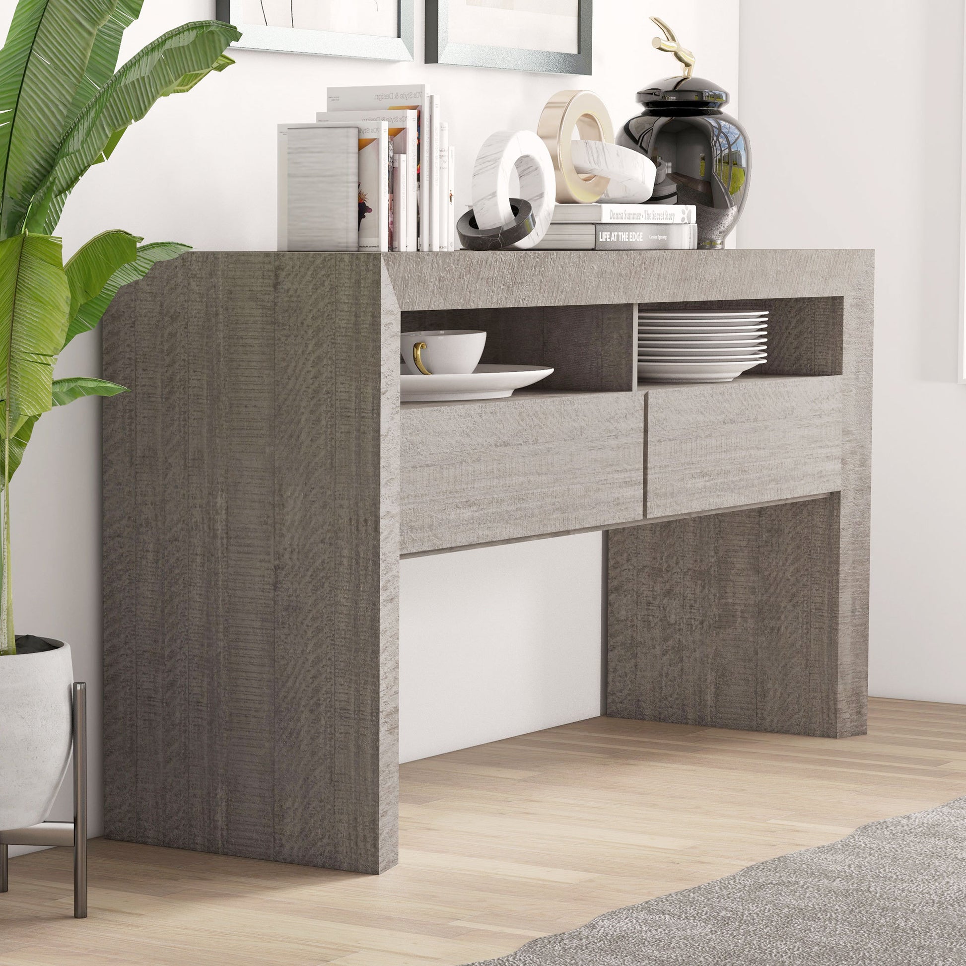 Buffet Storage Cabinet 62*18.8*33.5Inch , Sideboard Farmhouse Server Cabinet With 2 Drawers And 2 Open Storage Console Table For Kitchen, Dining Living Room Cupboard, Grey Gray Pine