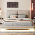Queen Size Upholstered Platform Bed With Sensor Light And 2 Large Backrests, Stylish Platform Bed With 2 Sets Of Usb Port And Socket On Each Rear Bed Leg, Beige Beige Velvet
