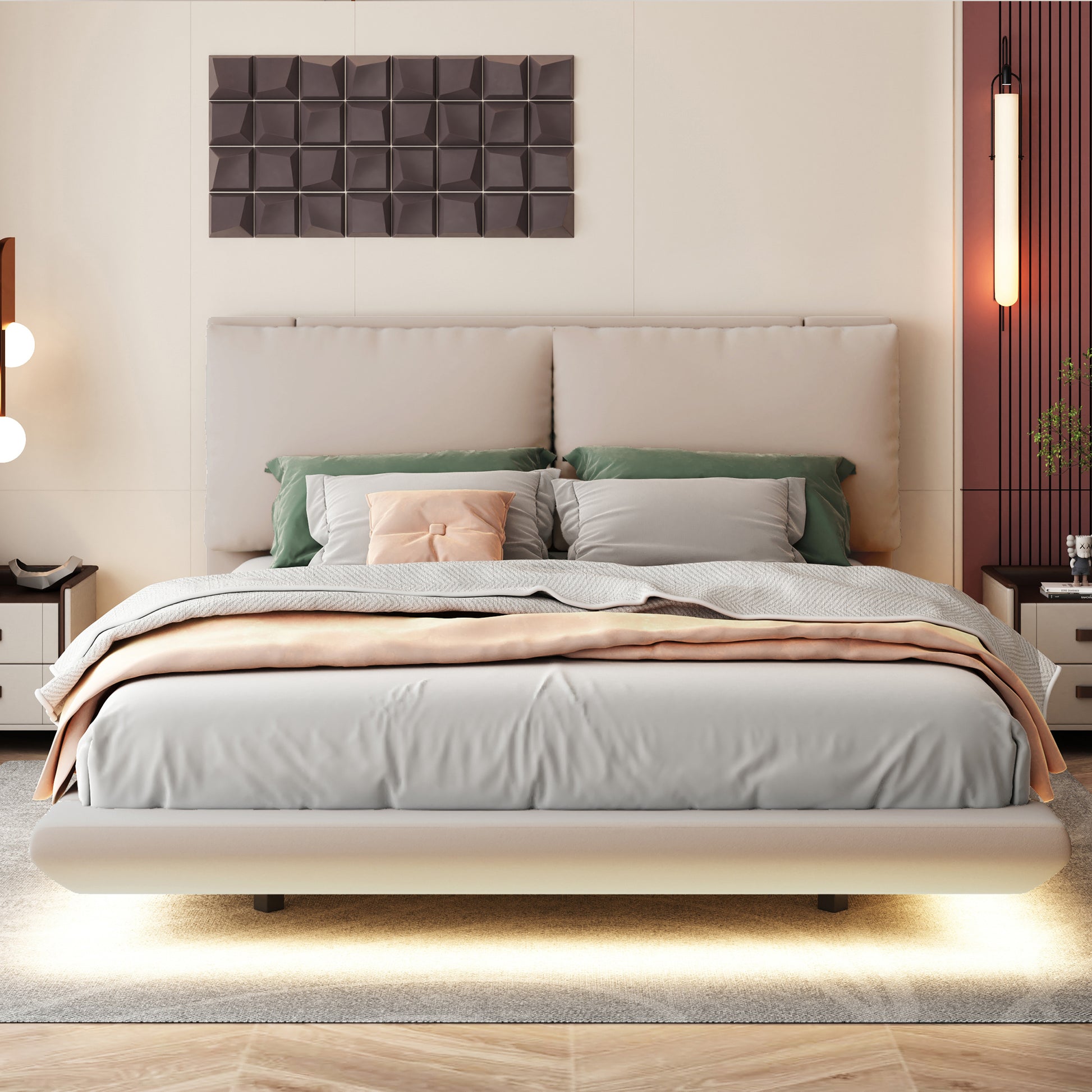 Queen Size Upholstered Platform Bed With Sensor Light And 2 Large Backrests, Stylish Platform Bed With 2 Sets Of Usb Port And Socket On Each Rear Bed Leg, Beige Beige Velvet