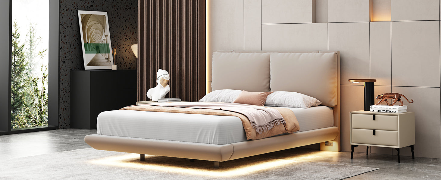Full Size Upholstered Platform Bed With Sensor Light And 2 Large Backrests, Stylish Platform Bed With 2 Sets Of Usb Port And Socket On Each Rear Bed Leg, Beige Beige Velvet