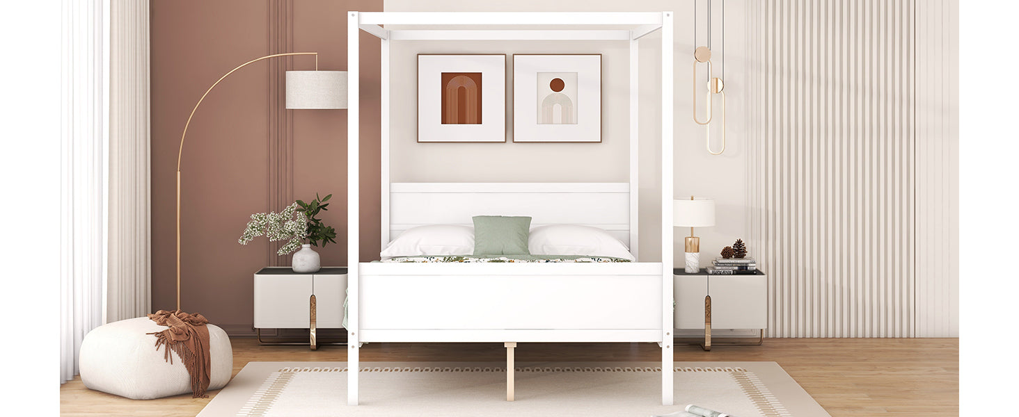 Queen Size Canopy Platform Bed With Headboard And Footboard,Slat Support Leg White Old Sku:Lt001912Aak White Solid Wood