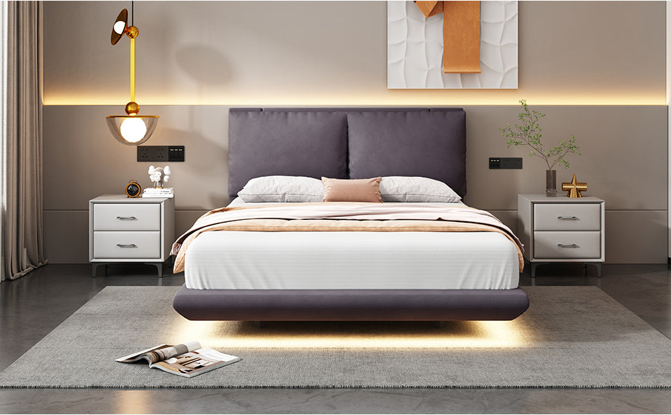 Full Size Upholstered Platform Bed With Sensor Light And 2 Large Backrests, Stylish Platform Bed With 2 Sets Of Usb Port And Socket On Each Rear Bed Leg, Gray Gray Velvet