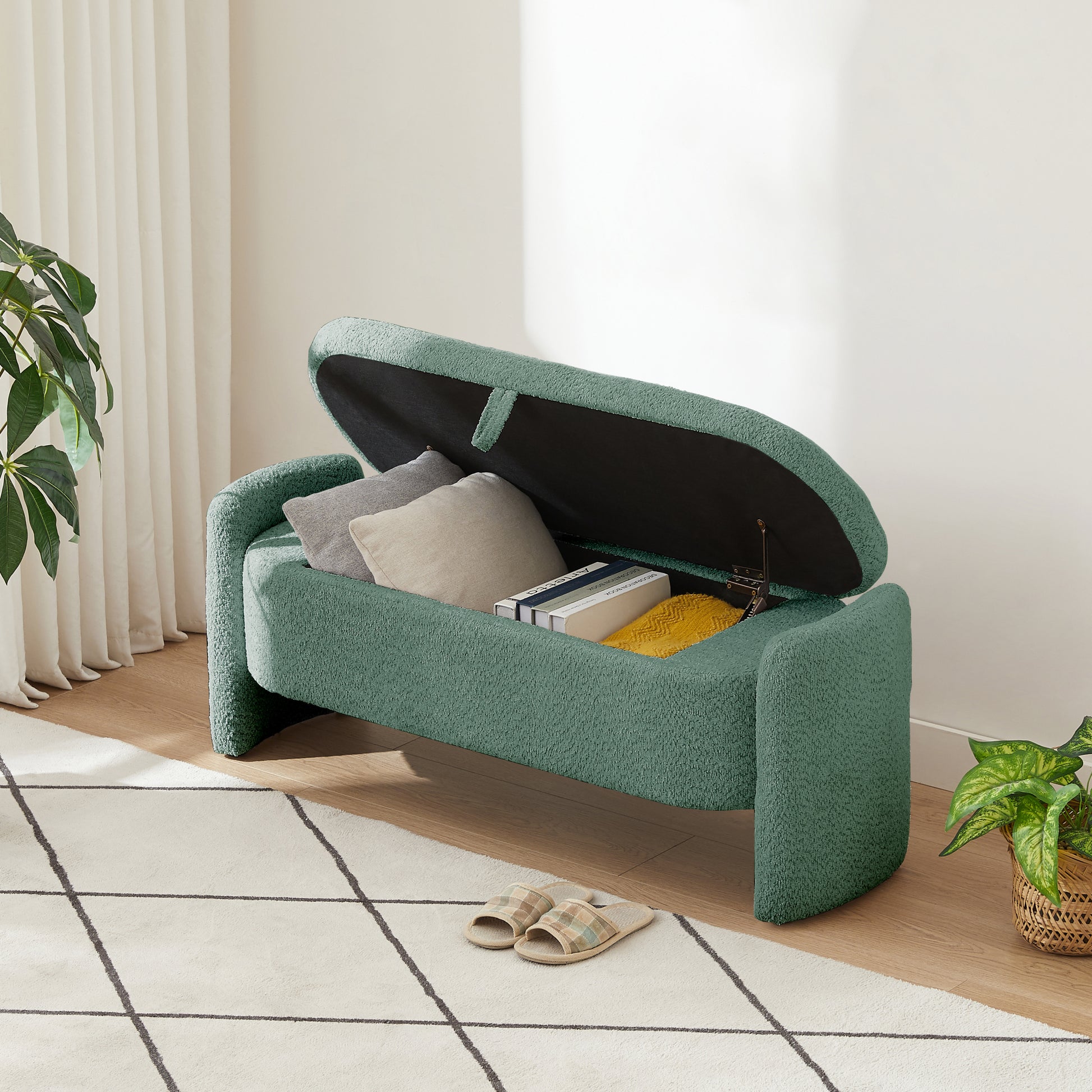 Ottoman Oval Storage Bench 3D Lamb Fleece Fabric Bench With Large Storage Space For The Living Room, Entryway And Bedroom,Green Green Dark Green Polyester