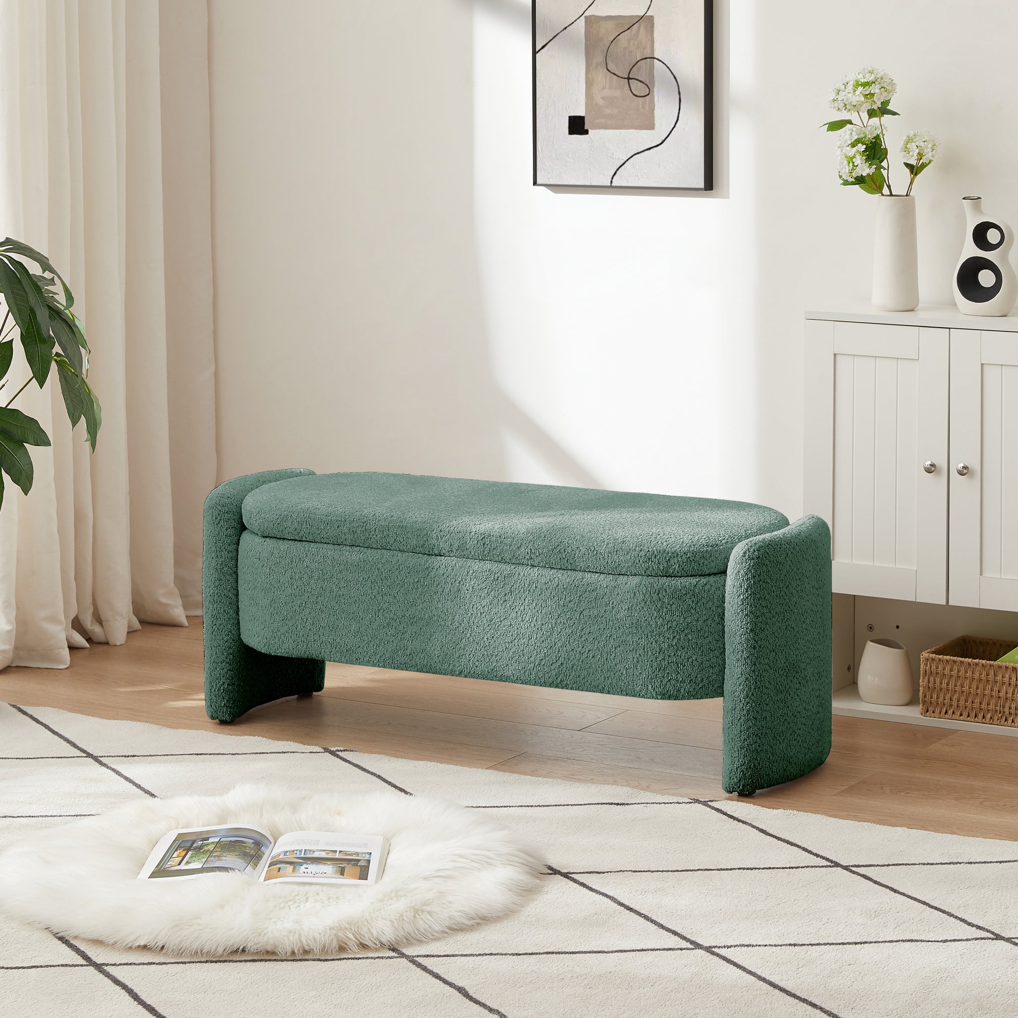 Ottoman Oval Storage Bench 3D Lamb Fleece Fabric Bench With Large Storage Space For The Living Room, Entryway And Bedroom,Green Green Dark Green Polyester