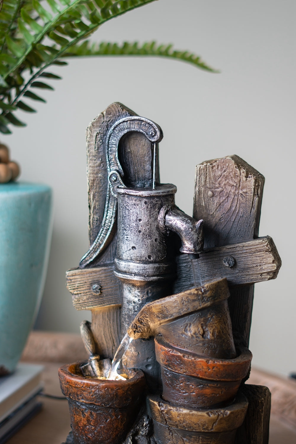 7.7X3.9X13.6" Brown And Gray Water Fountain With Antique Water Pump Design And Led Light Brown Primary Living Space Farmhouse,French Country,Rustic Polyresin