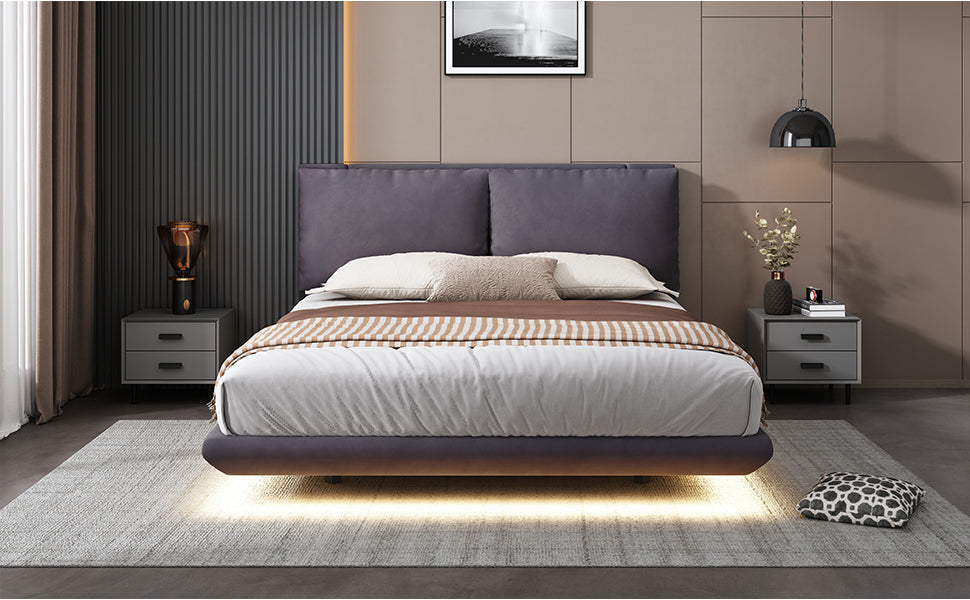Queen Size Upholstered Platform Bed With Sensor Light And 2 Large Backrests, Stylish Platform Bed With 2 Sets Of Usb Port And Socket On Each Rear Bed Leg, Gray Gray Velvet