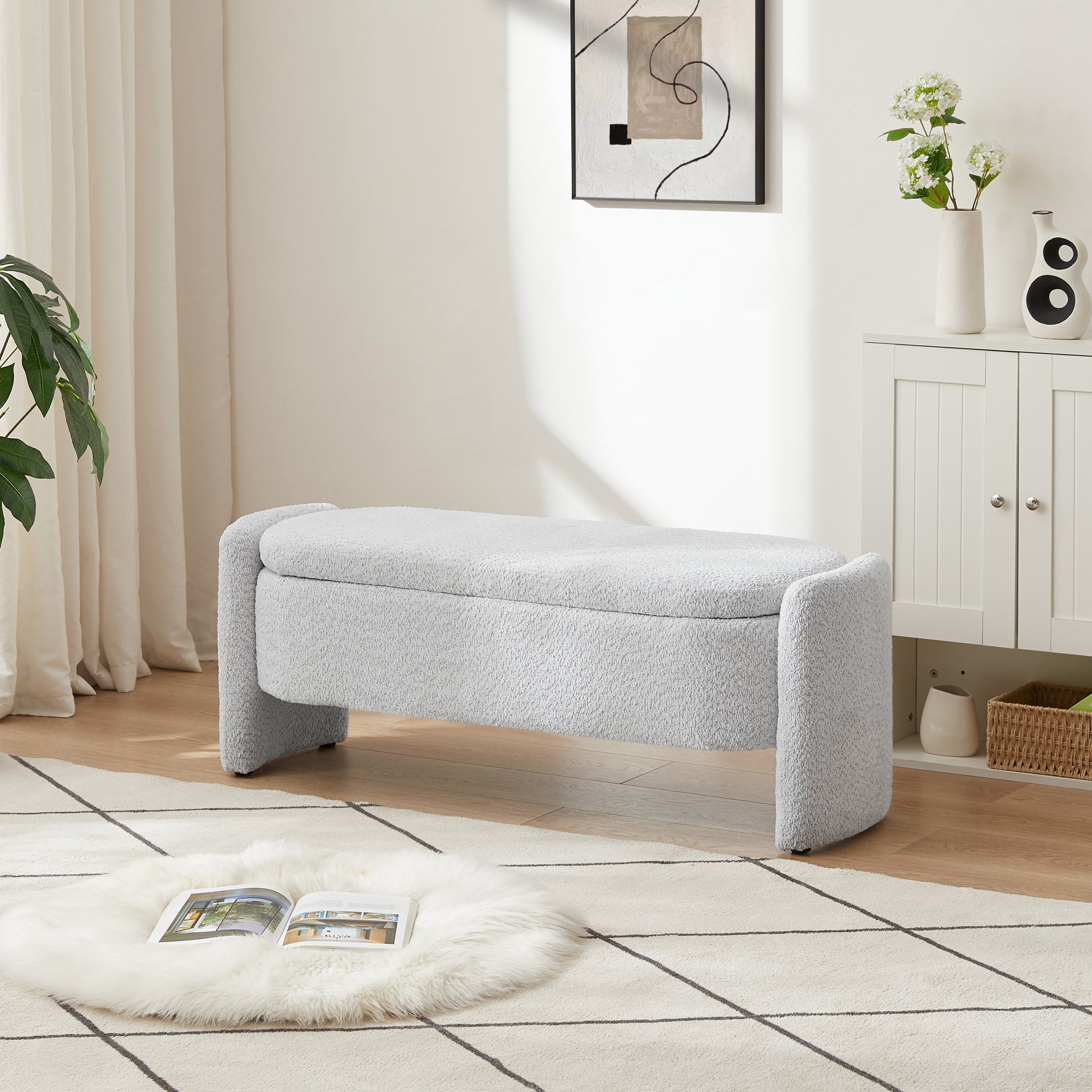 Ottoman Oval Storage Bench 3D Lamb Fleece Fabric Bench With Large Storage Space For The Living Room, Entryway And Bedroom,Gray Gray Polyester