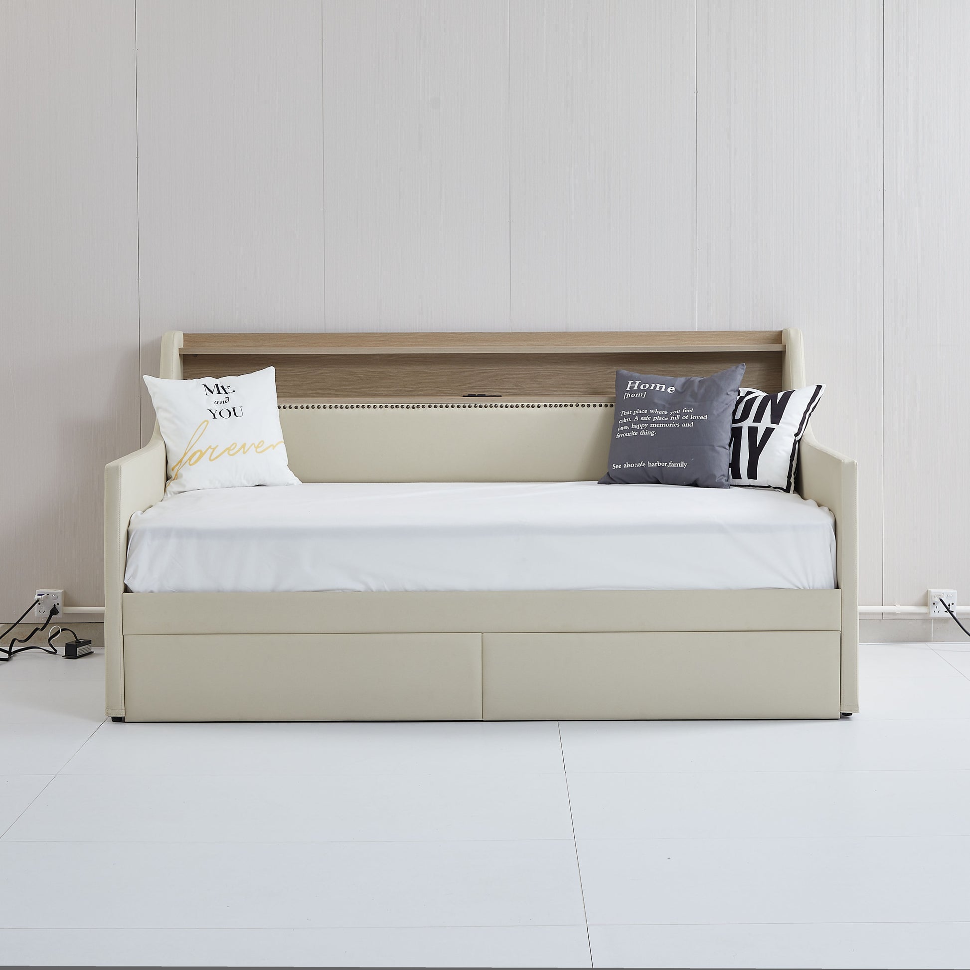 Twin Size Daybed With Storage Drawers, Upholstered Daybed With Charging Station And Led Lights, Beige Old Item W1580S00022 Twin Beige Pu Leather