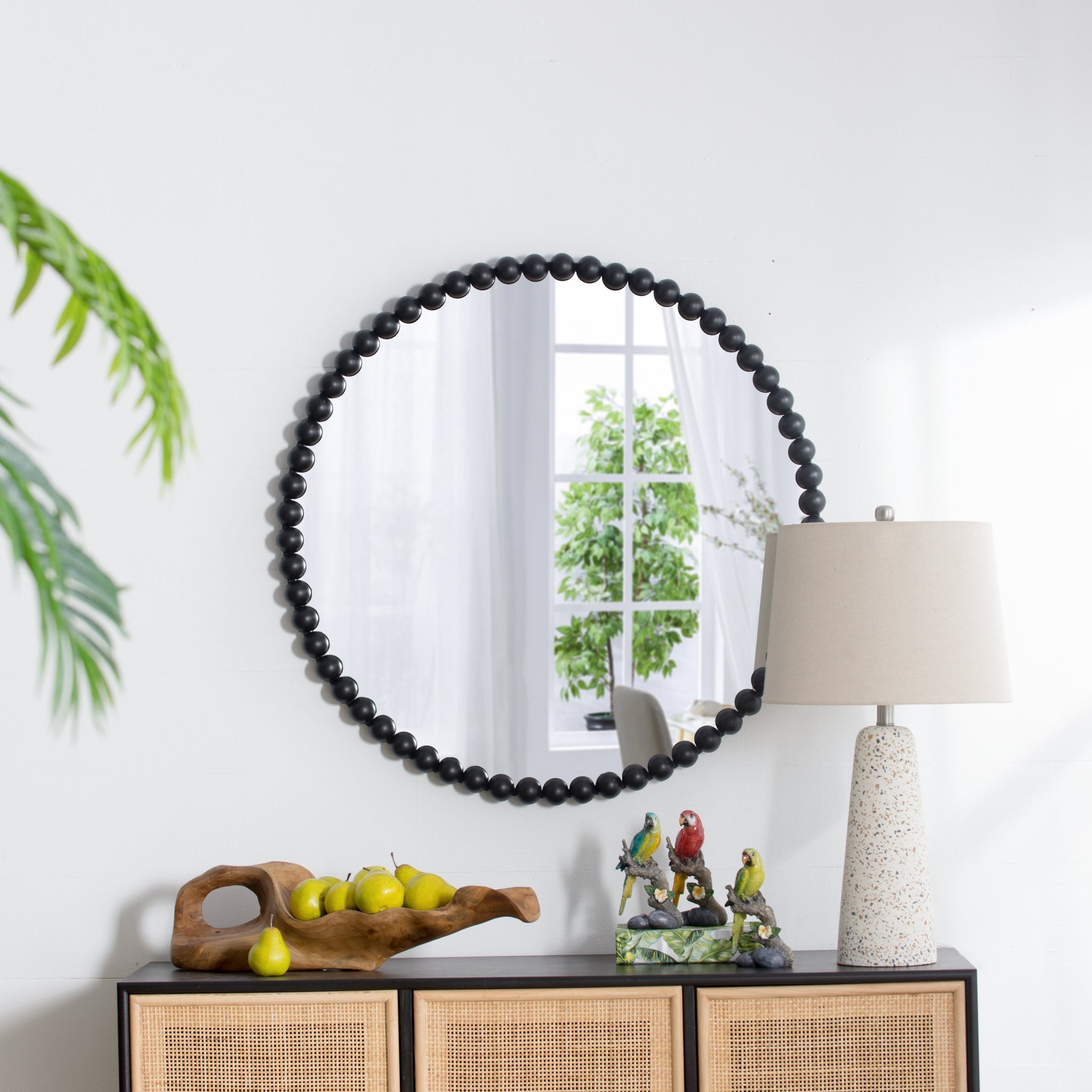 32" Circle Mirror With Metal Beaded Frame, Wall Mirror For Living Room Bedroom Entryway Black Metal