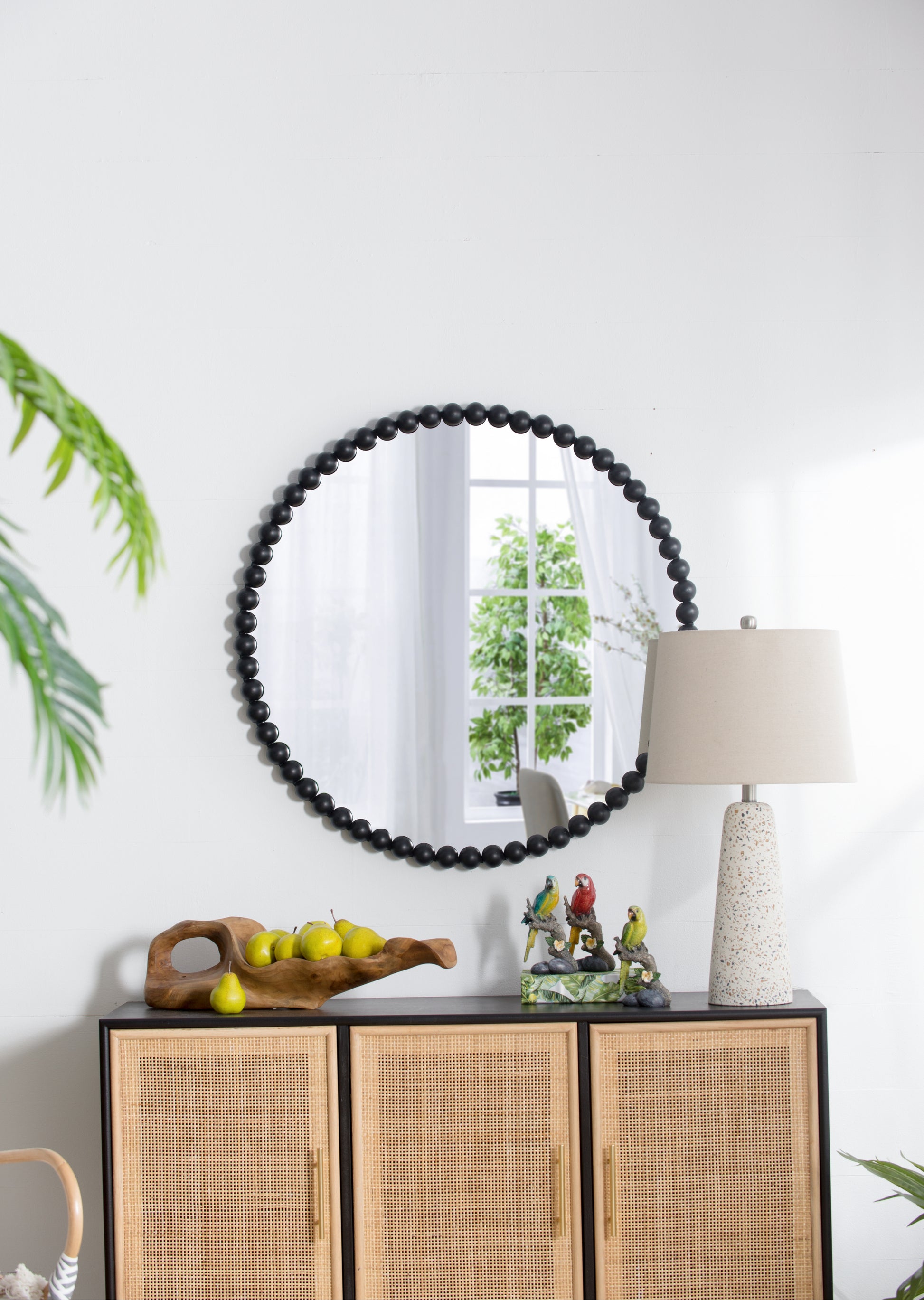 32" Circle Mirror With Metal Beaded Frame, Wall Mirror For Living Room Bedroom Entryway Black Metal