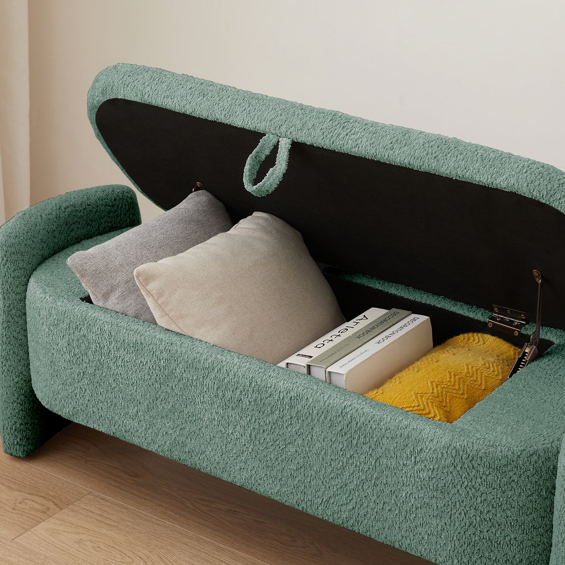 Ottoman Oval Storage Bench 3D Lamb Fleece Fabric Bench With Large Storage Space For The Living Room, Entryway And Bedroom,Green Green Dark Green Polyester