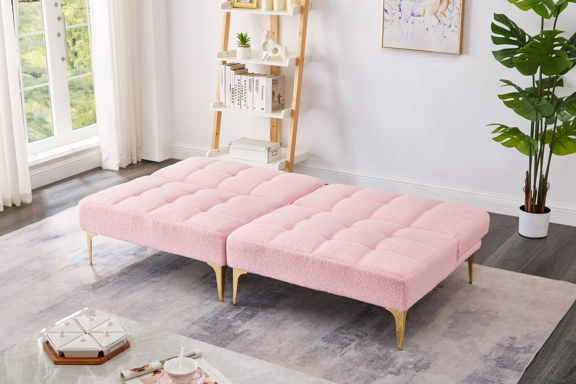 71" Convertible Sofa Bed Futon With Gold Metal Legs Teddy Fabric Pink Pink Teddy Foam Fabric