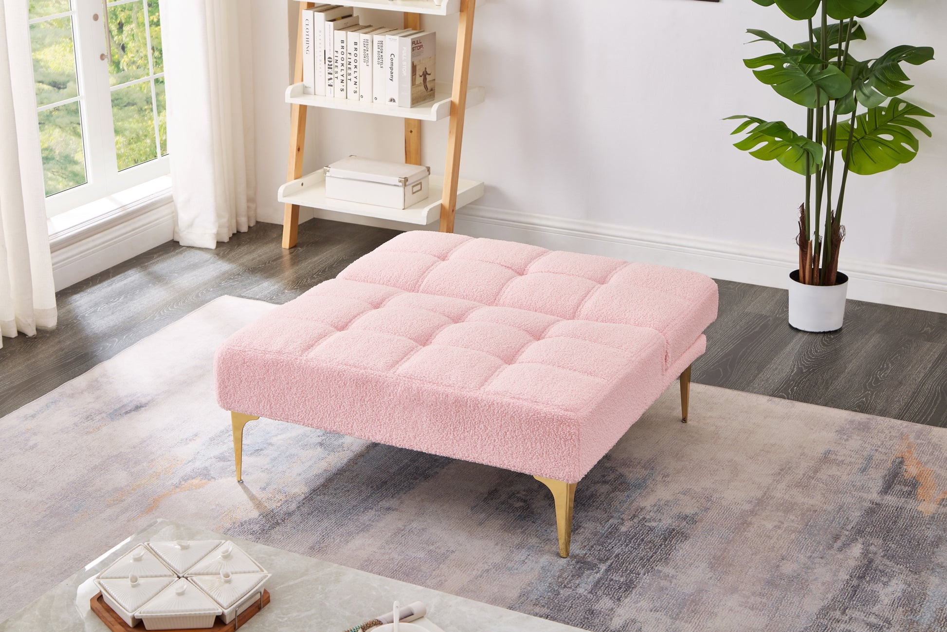 Convertible Single Sofa Bed Futon With Gold Metal Legs Teddy Fabric Pink Pink Teddy Foam Fabric