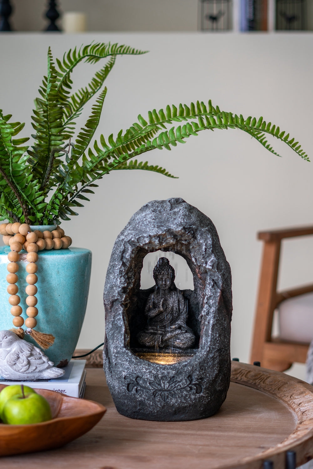 8.3X5.9X13.6" Decorative Gray Tabletop Water Fountain With Sitting Buddha And Led Light, For Indoor Outdoor Gray Primary Living Space Chinese,Coastal,Transitional Polyresin