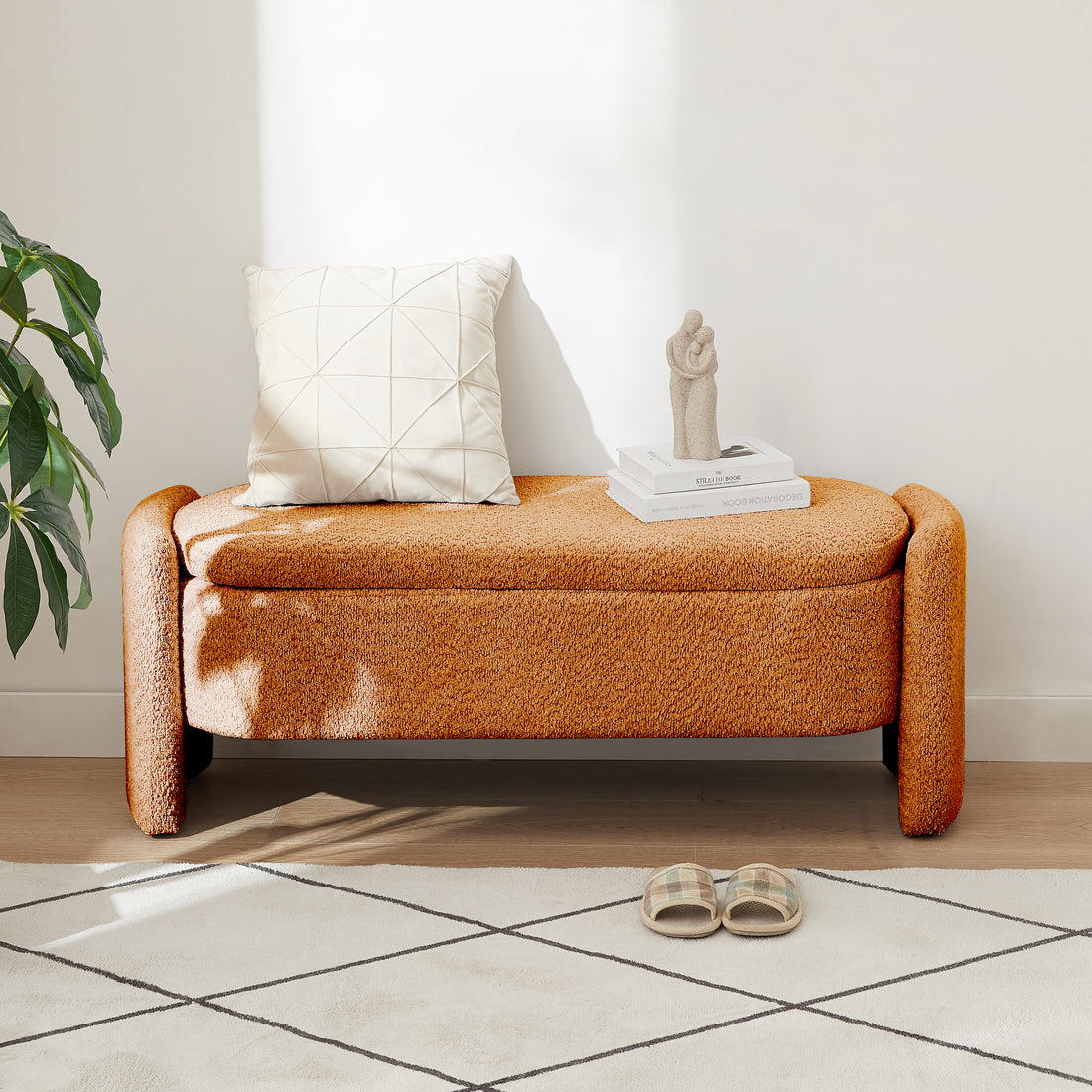 Ottoman Oval Storage Bench 3D Lamb Fleece Fabric Bench With Large Storage Space For The Living Room, Entryway And Bedroom,Brown Orange Dark Brown Polyester