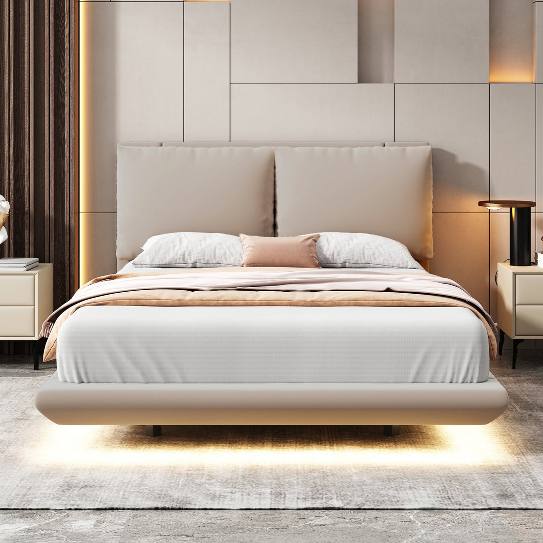 Full Size Upholstered Platform Bed With Sensor Light And 2 Large Backrests, Stylish Platform Bed With 2 Sets Of Usb Port And Socket On Each Rear Bed Leg, Beige Beige Velvet