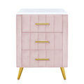 Upholstered Wooden Nightstand With 3 Drawers And Metal Legs&Handles,Fully Assembled Except Legs&Handles,Bedside Table With Marbling Worktop Pink Pink Velvet