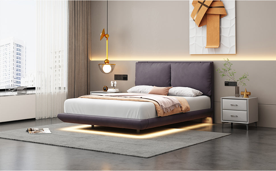 Full Size Upholstered Platform Bed With Sensor Light And 2 Large Backrests, Stylish Platform Bed With 2 Sets Of Usb Port And Socket On Each Rear Bed Leg, Gray Gray Velvet
