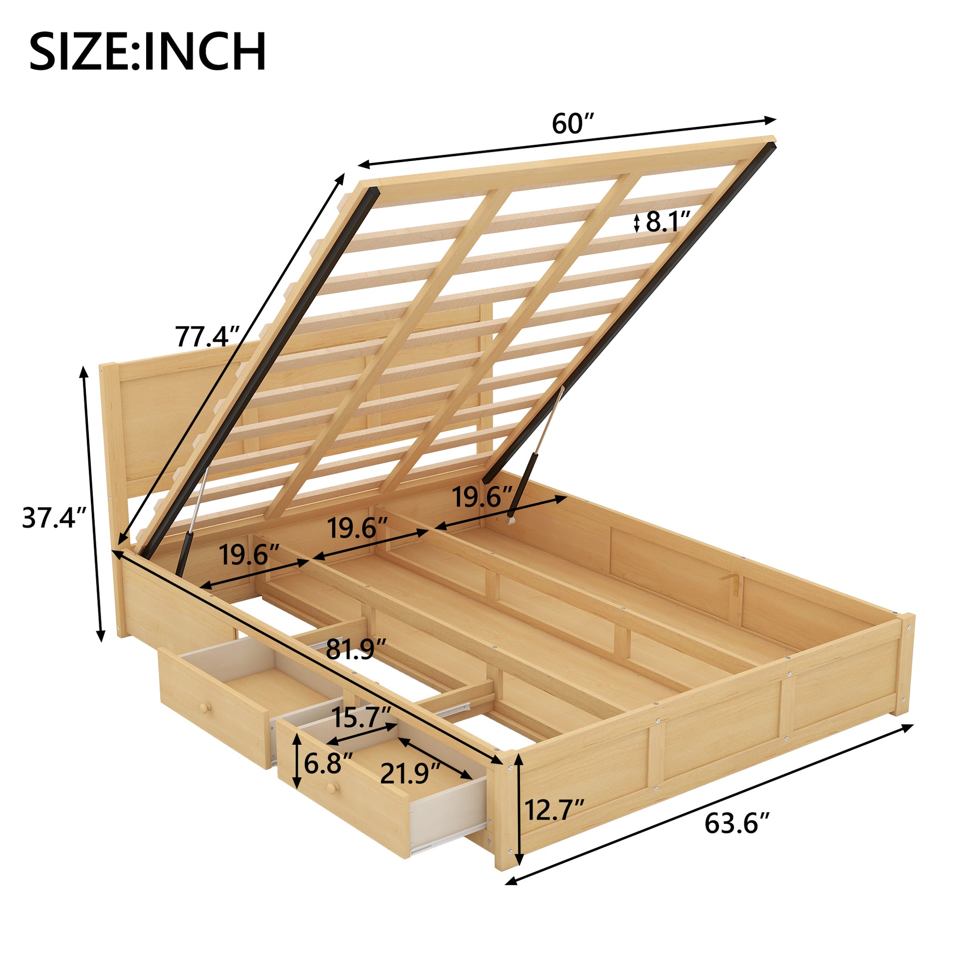Queen Size Wood Platform Bed With Underneath Storage And 2 Drawers, Wood Color Box Spring Not Required Queen Natural Wood Bedroom Bed Frame Solid Wood Mdf