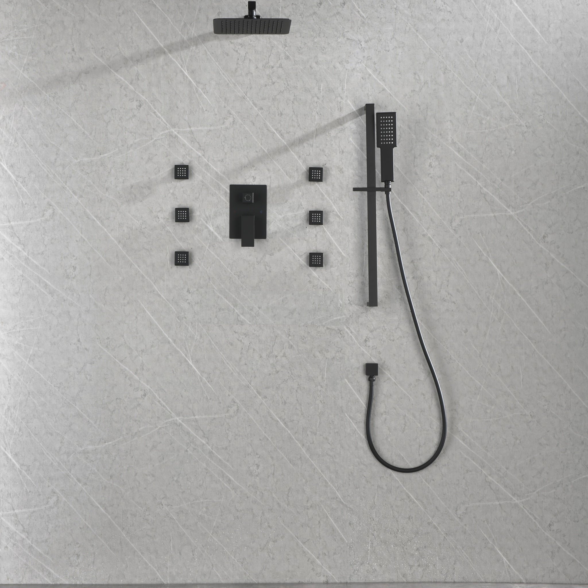 Wall Mounted Waterfall Rain Shower System With 3 Body Sprays & Handheld Shower Matt Black Brass