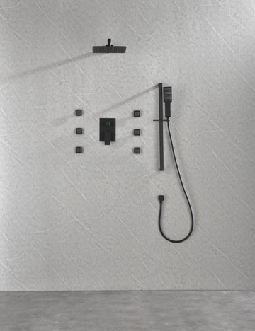 Wall Mounted Waterfall Rain Shower System With 3 Body Sprays & Handheld Shower Matt Black Brass