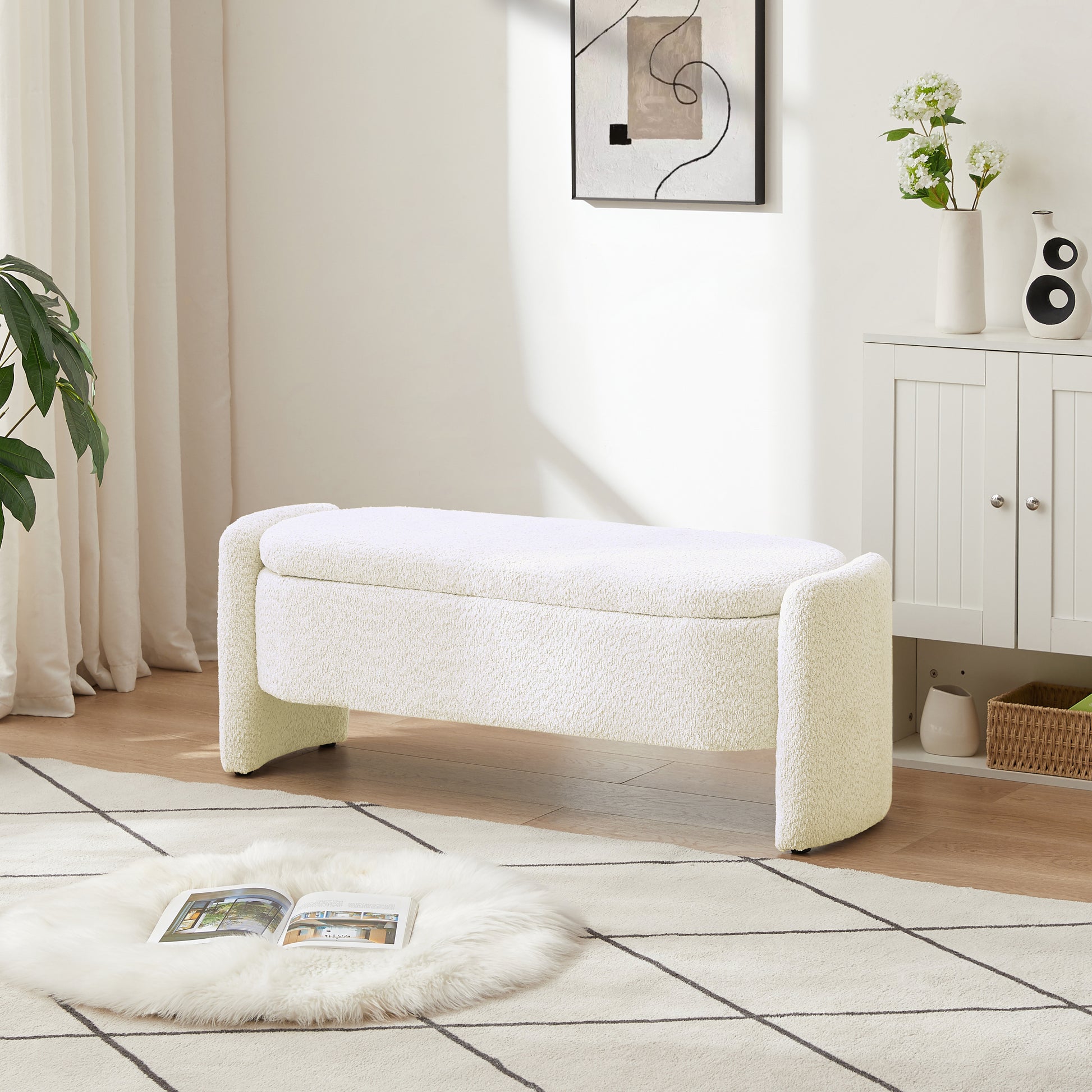 Ottoman Oval Storage Bench 3D Lamb Fleece Fabric Bench With Large Storage Space For The Living Room, Entryway And Bedroom,Cream White Cream White Polyester