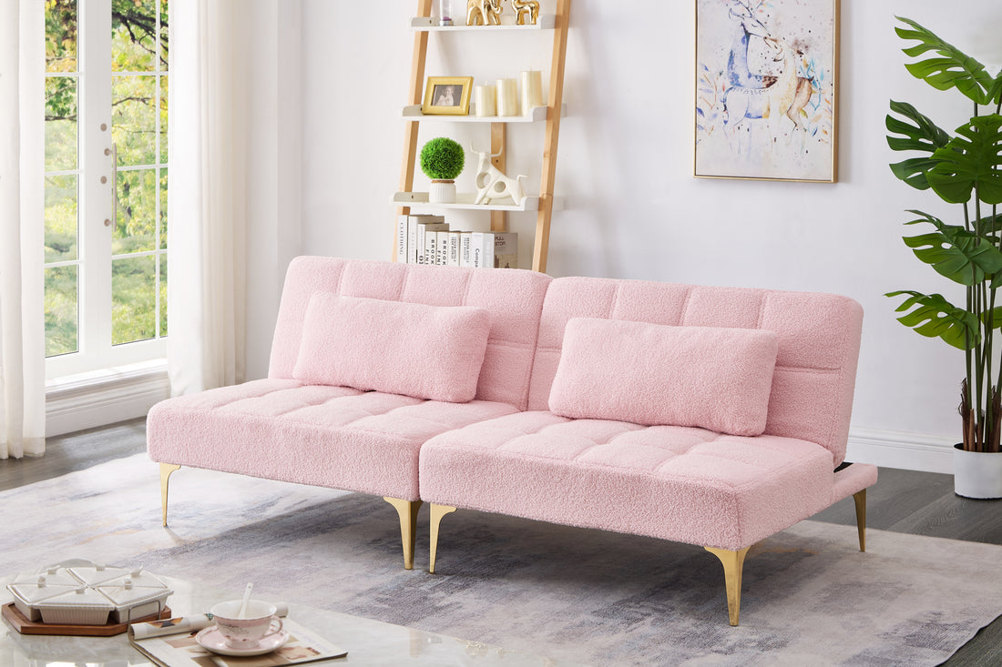 71" Convertible Sofa Bed Futon With Gold Metal Legs Teddy Fabric Pink Pink Teddy Foam Fabric