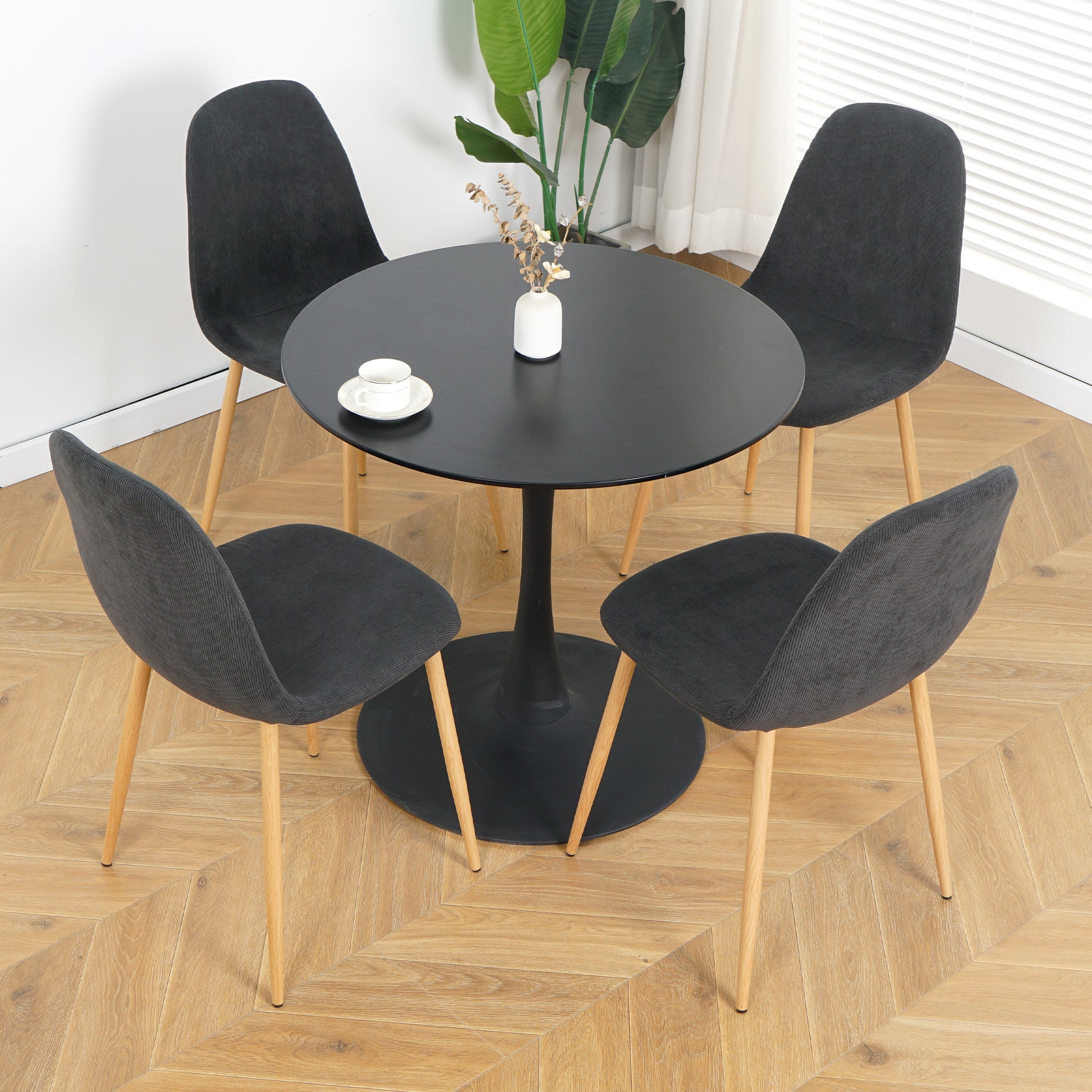 Deep Grey Modern Fabric Chairs With Wood Transfer Metal Leg Set Of 4 Dark Gray Metal