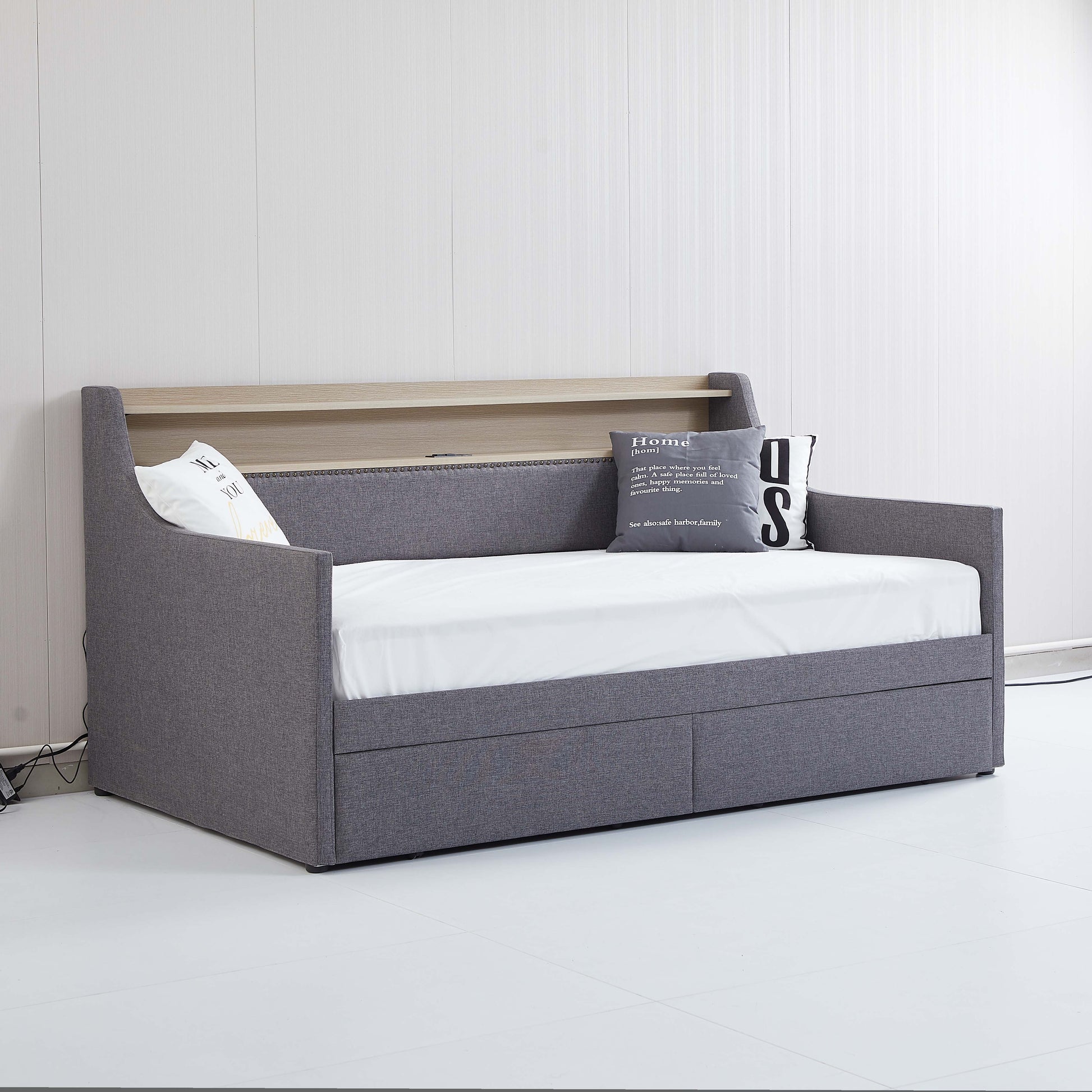 Twin Size Daybed With Storage Drawers, Upholstered Daybed With Charging Station And Led Lights, Gray Old Item W1580S00034 Twin Gray Linen