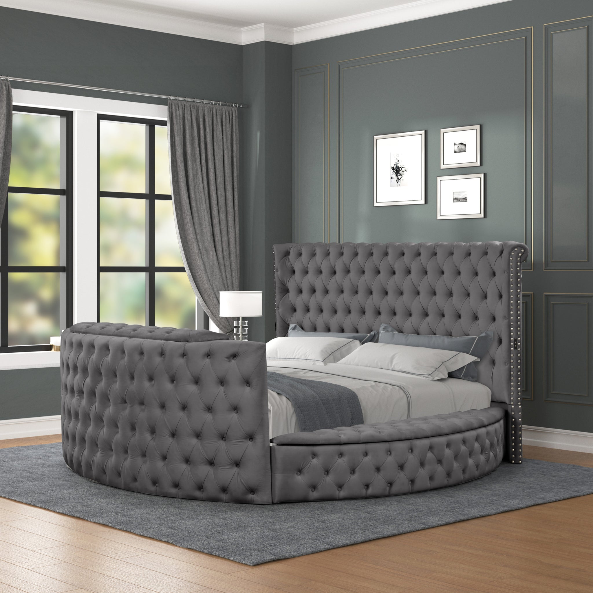 Maya Modern Style Crystal Tufted King Bed Made With Wood In Gray Box Spring Not Required King Gray Wood Bedroom Contemporary,Modern Slat Beds Upholstered Velvet Wood