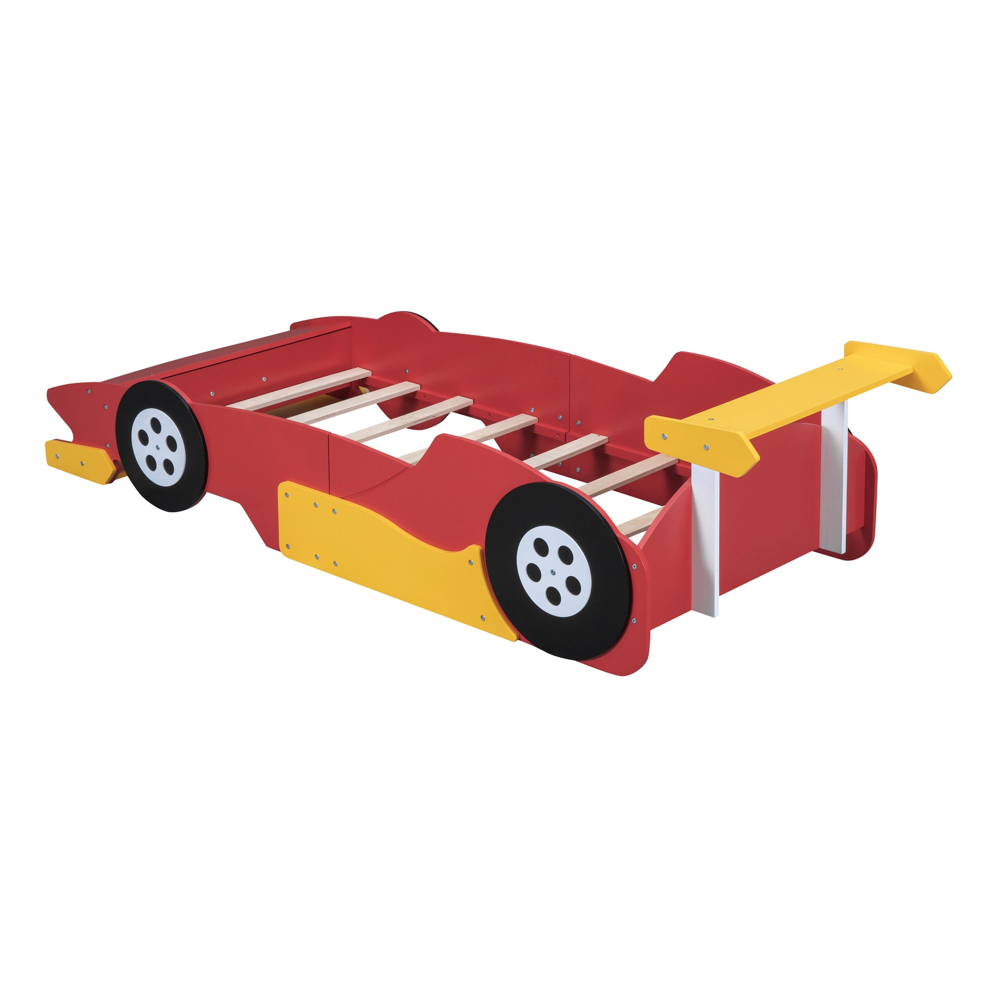 Twin Size Race Car Shaped Platform Bed With Wheels,Red Red Plywood