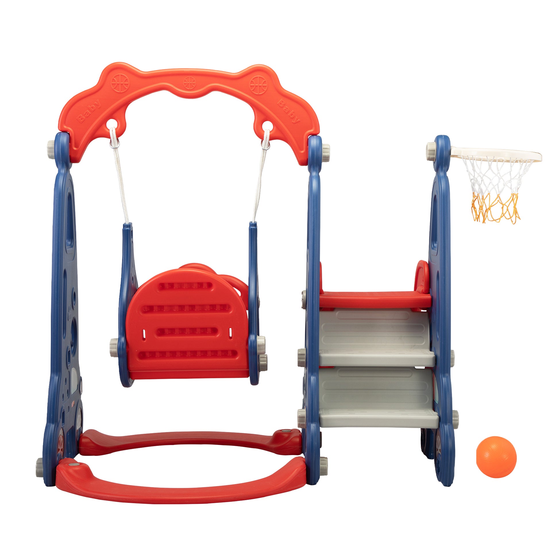 3 In 1 Slide And Swing Set With Basketball Hoop For 1 8 Years Old Children Indoor And Outdoor, Red & Blue Blue Red Hdpe