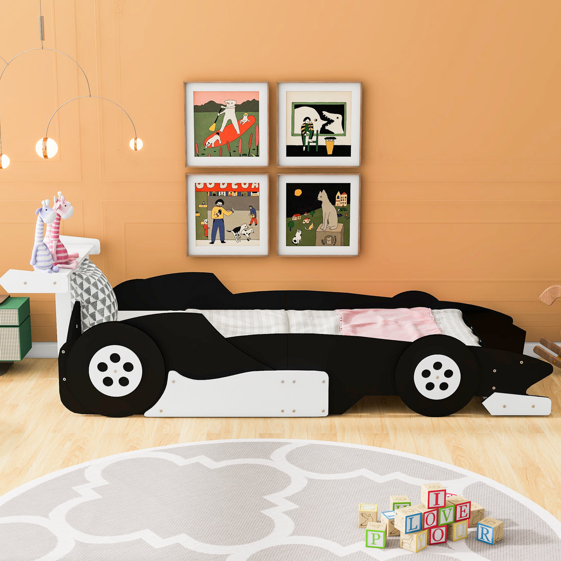 Twin Size Race Car Shaped Platform Bed With Wheels,Black Black Plywood