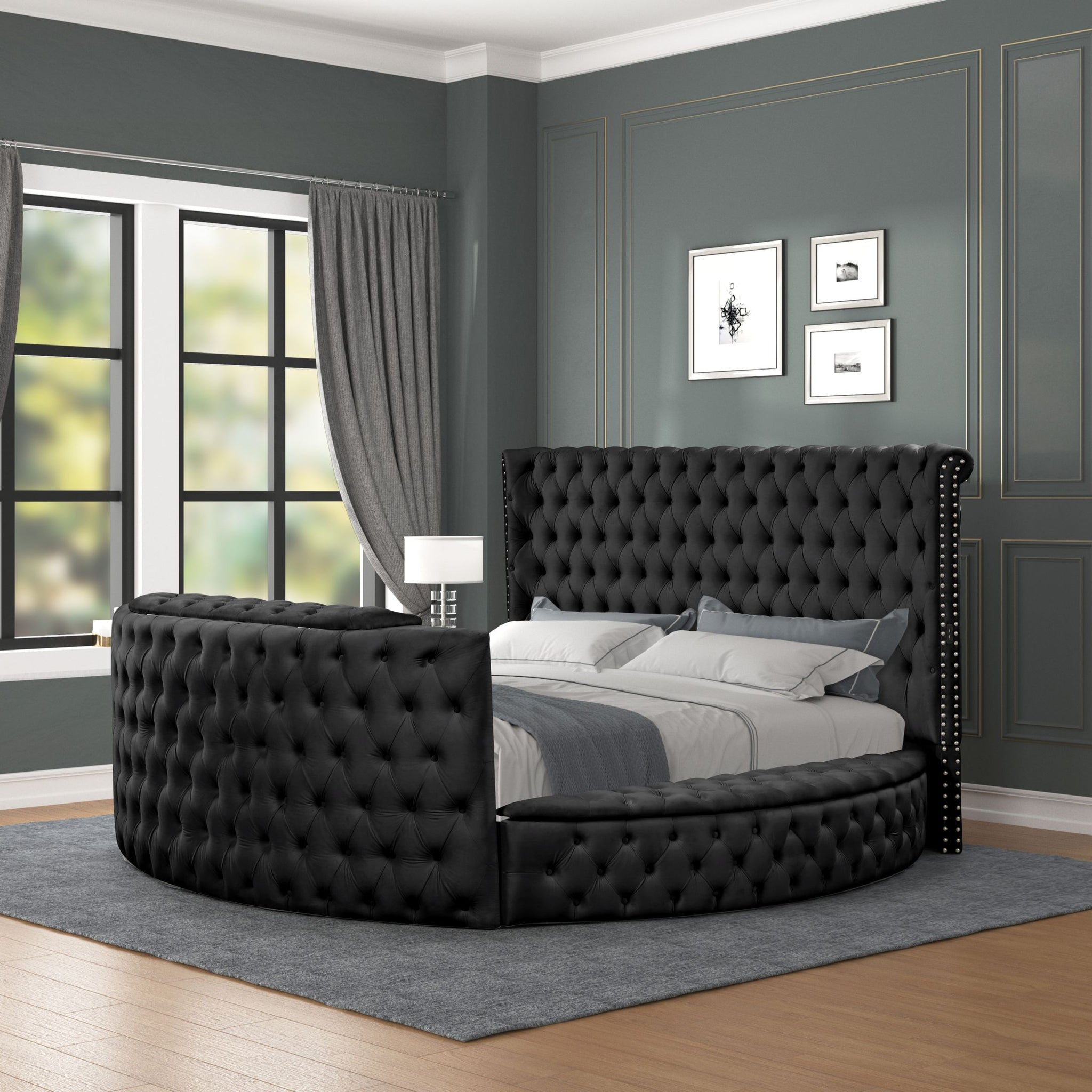 Maya Modern Style Crystal Tufted King Bed Made With Wood In Black Box Spring Not Required King Black Wood Bedroom Modern Slat Beds Upholstered Velvet Wood