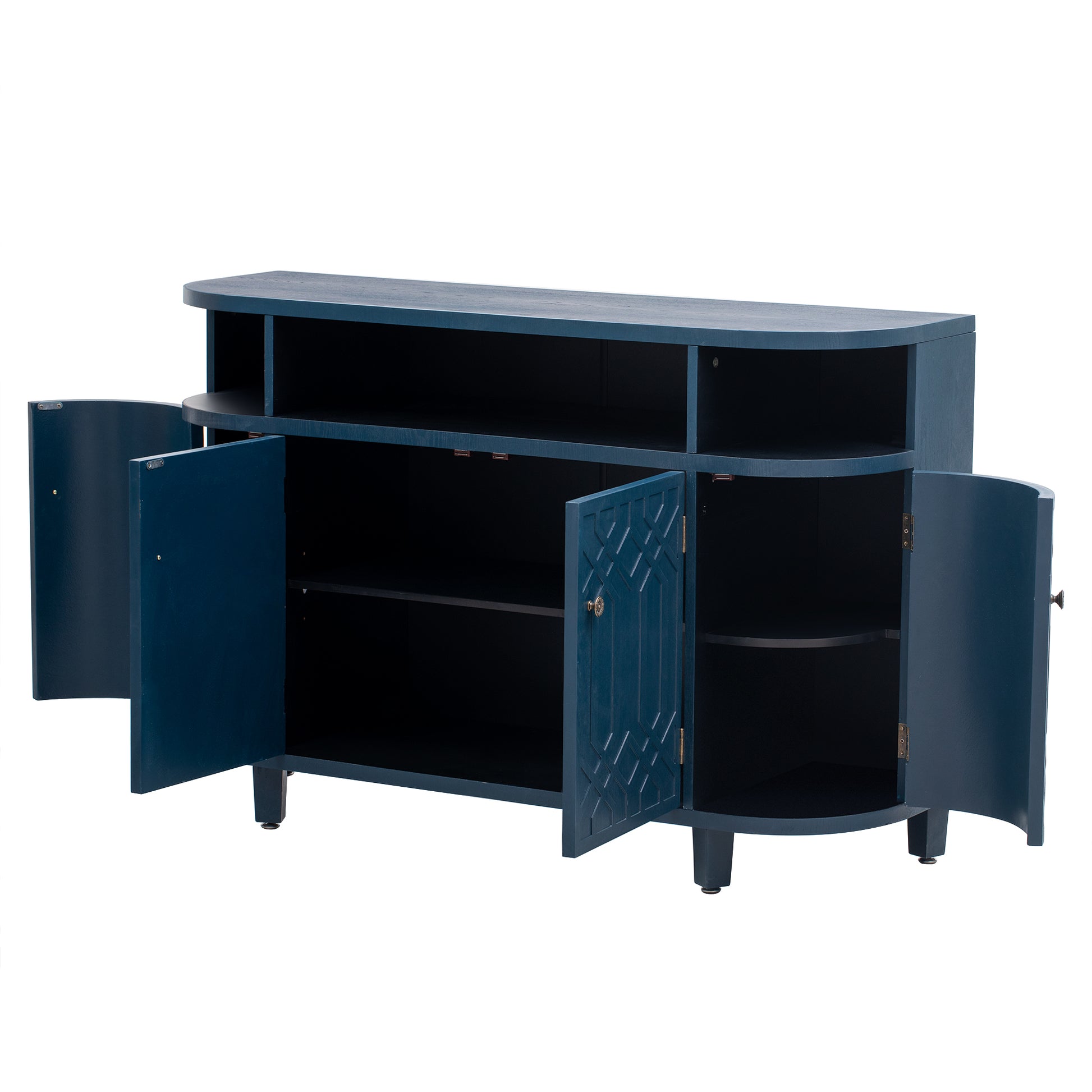 Curved Design Storage Cabinet Made Of Fraxinus Mandschuric Solid Wood Veneer, Featuring Four Doors And Adjustable Shelves, Suitable For Corridors, Entrances And Study. 3 4 Shelves Navy Blue Mdf