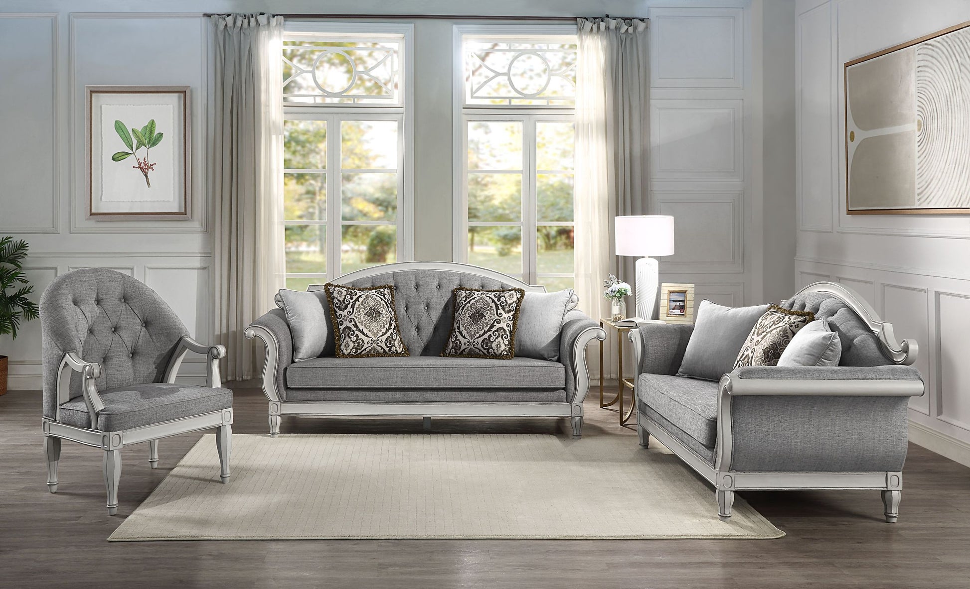 Florian Loveseat W 3 Pillows, Gray Fabric & Antique White Finish Lv02120 Gray Fabric