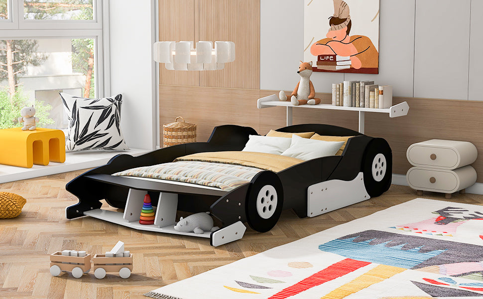 Full Size Race Car Shaped Platform Bed With Wheels,Black Black Plywood