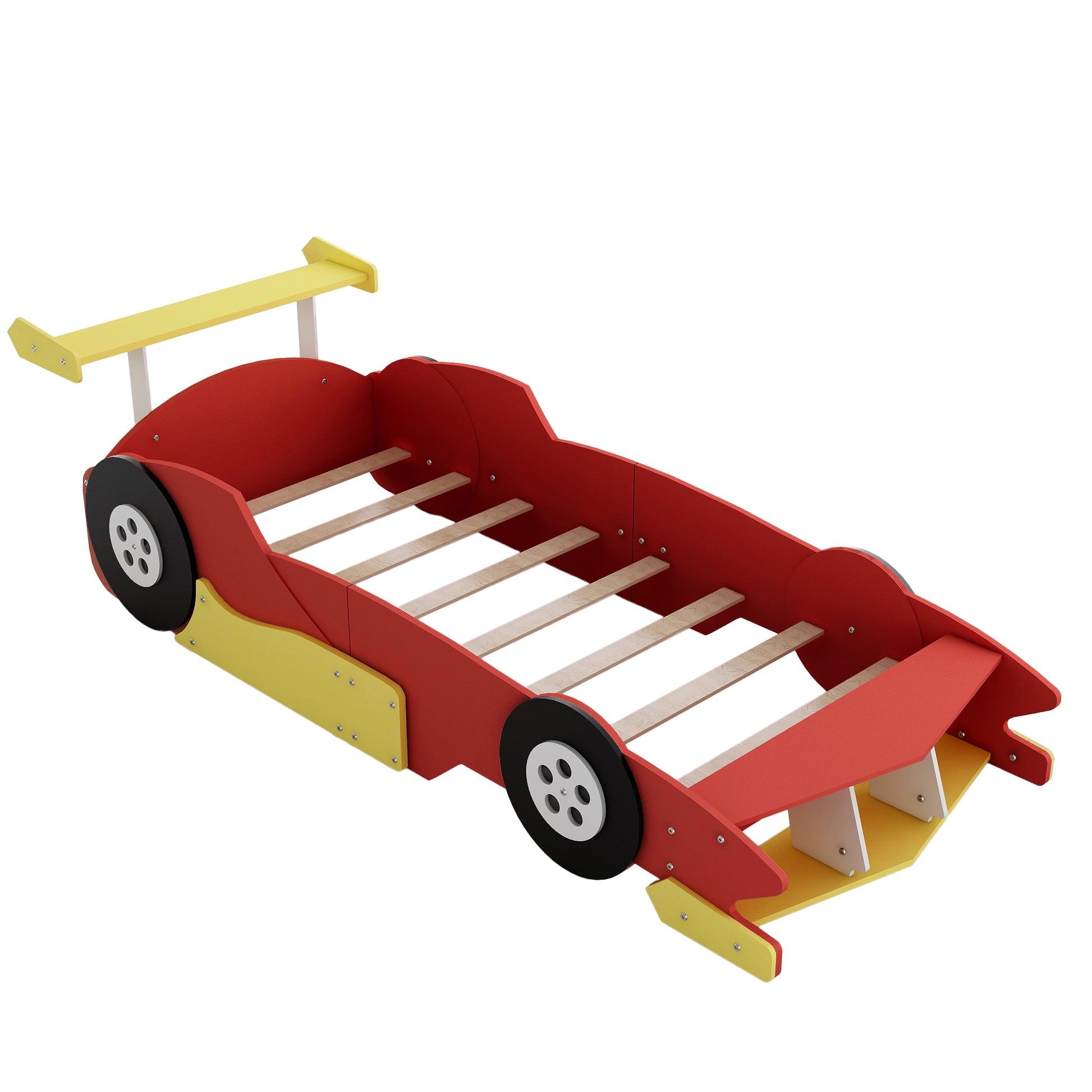 Twin Size Race Car Shaped Platform Bed With Wheels,Red Red Plywood