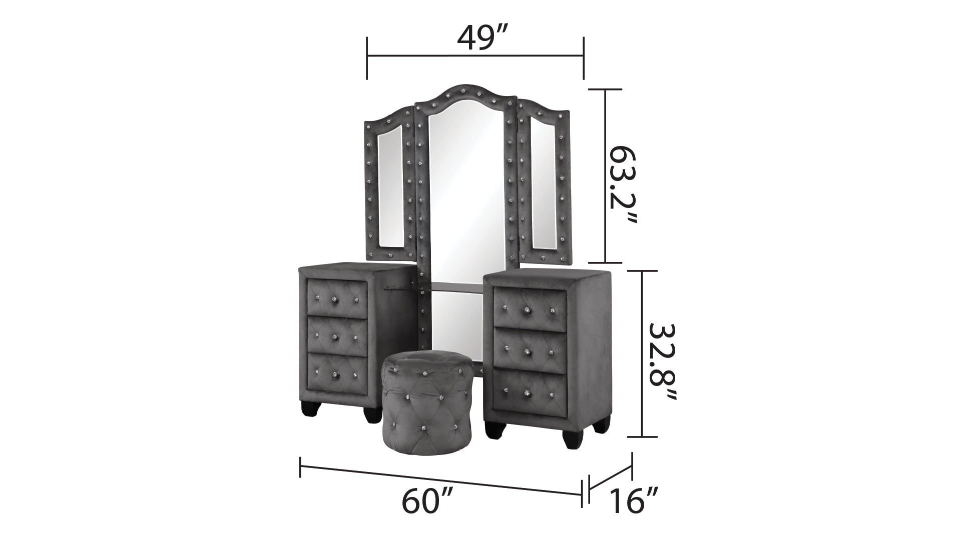 Maya Crystal Tufted King 4 Pc Vanity Bedroom Set Made With Wood In Gray Box Spring Not Required King Gray Wood 4 Piece Set Bedroom Contemporary,Modern Upholstered Velvet Tufted Wood