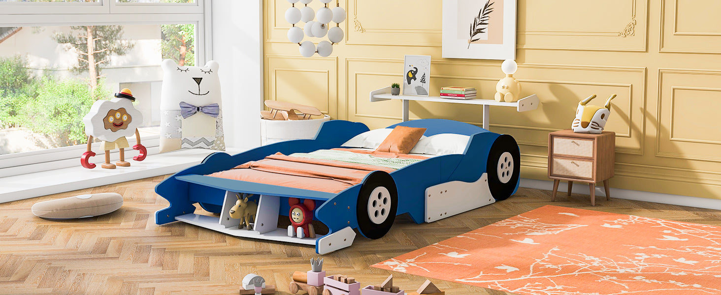 Full Size Race Car Shaped Platform Bed With Wheels,Blue Blue Plywood