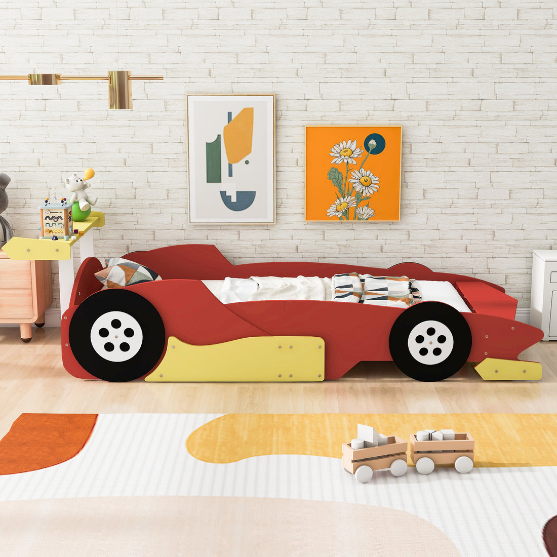 Twin Size Race Car Shaped Platform Bed With Wheels,Red Red Plywood