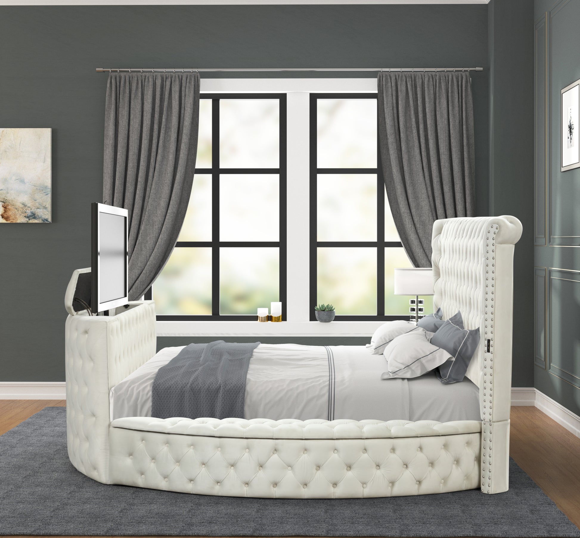 Maya Modern Style Crystal Tufted King Bed Made With Wood In Cream Box Spring Not Required King Cream Wood Bedroom Contemporary,Modern Slat Beds Upholstered Velvet Wood
