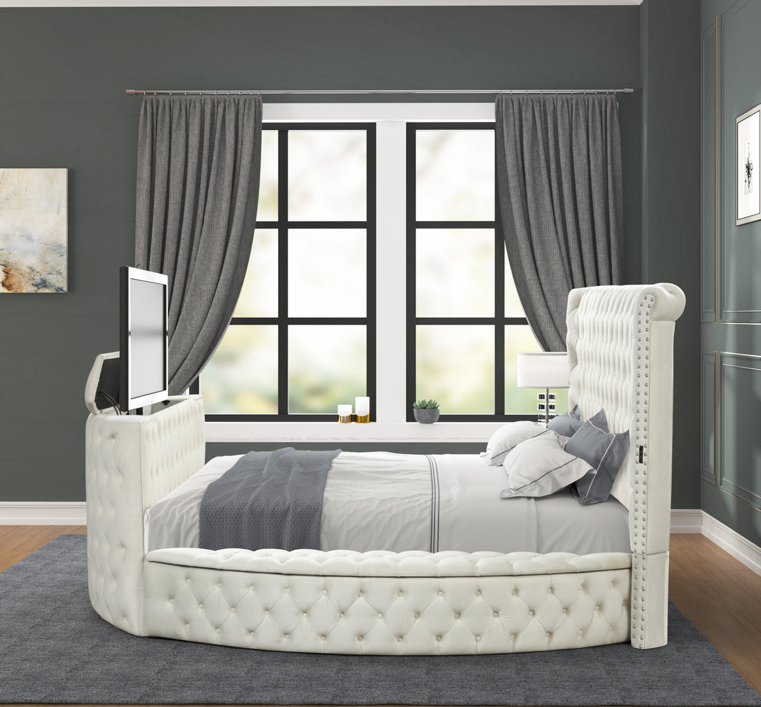 Maya Modern Style Crystal Tufted Queen Bed Made With Wood In Cream Box Spring Not Required Queen Cream Wood Bedroom Contemporary,Modern Slat Beds Upholstered Velvet Wood