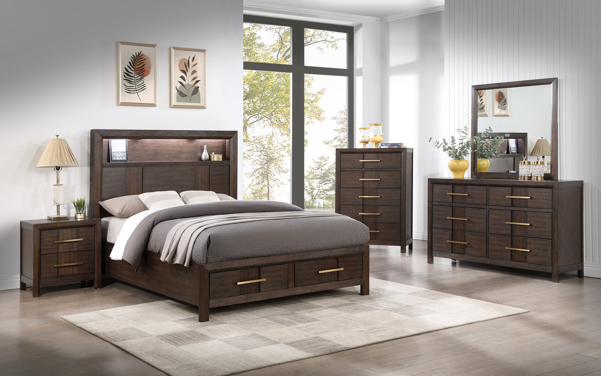 Modern Style Full Bed Made With Wood & Led Headboard With Bookshelf In Walnut Box Spring Not Required Full Walnut Wood Bedroom Contemporary,Modern Slat Beds Solid Wood Mdf Wood