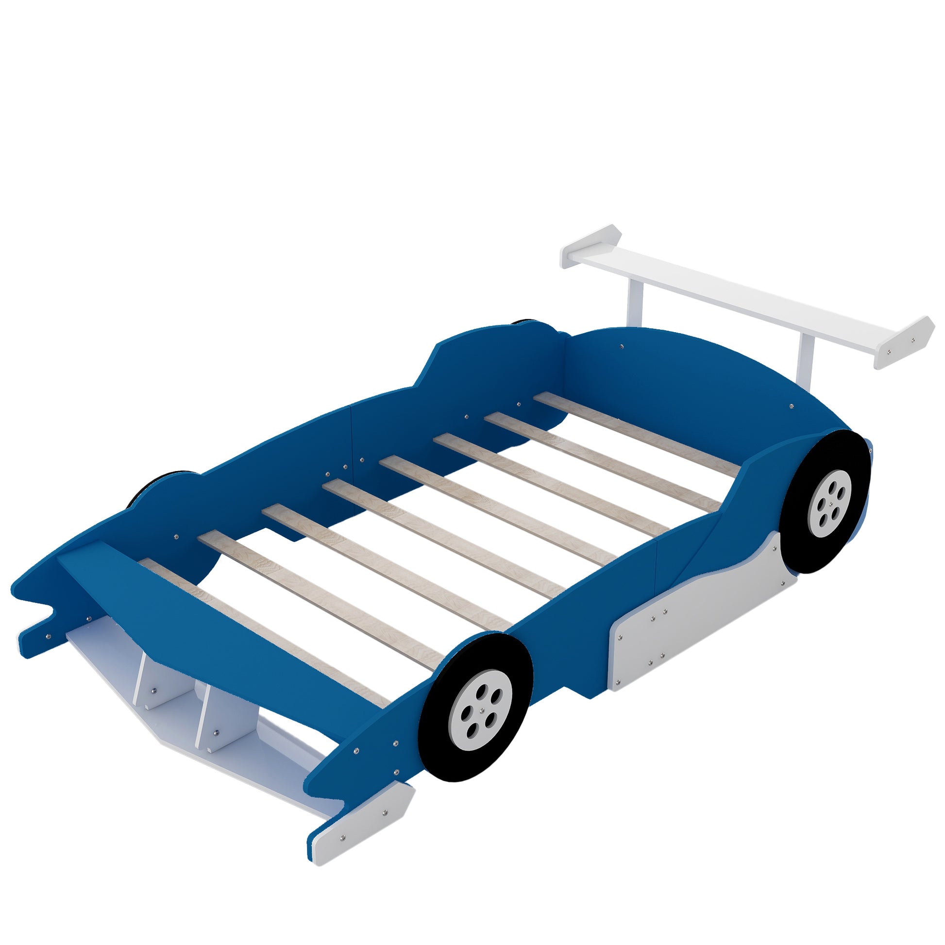 Full Size Race Car Shaped Platform Bed With Wheels,Blue Blue Plywood